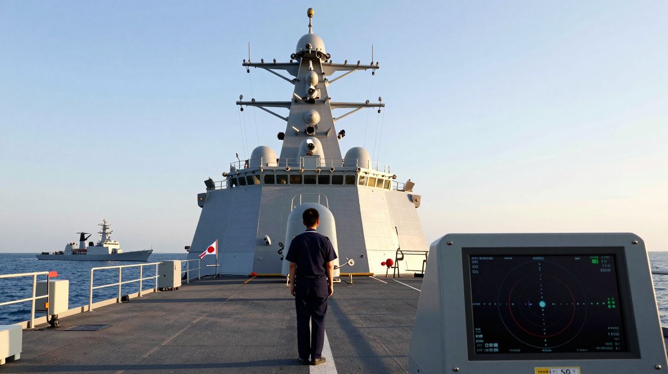 Marinheiro na proa de um navio de guerra japonês com radar e outro navio ao longe no mar calmo.