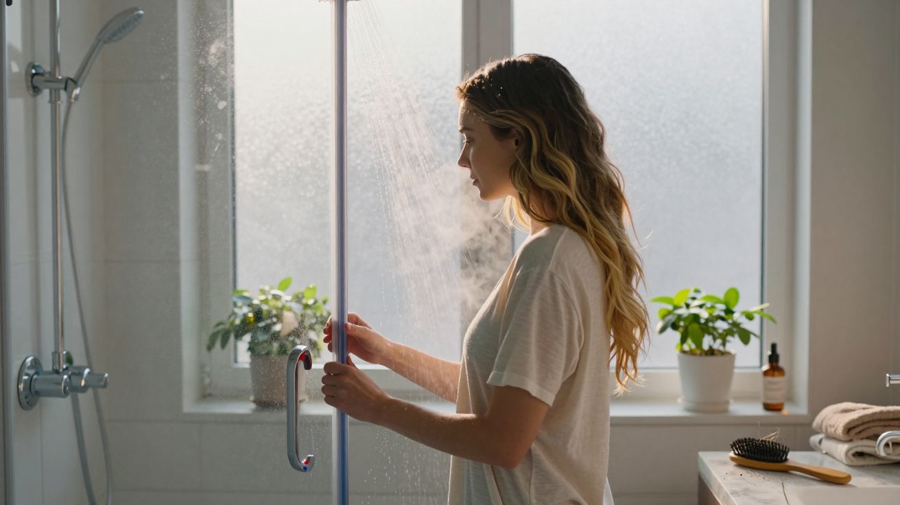 Mulher de perfil a abrir a porta de um chuveiro com vapor numa casa de banho iluminada.
