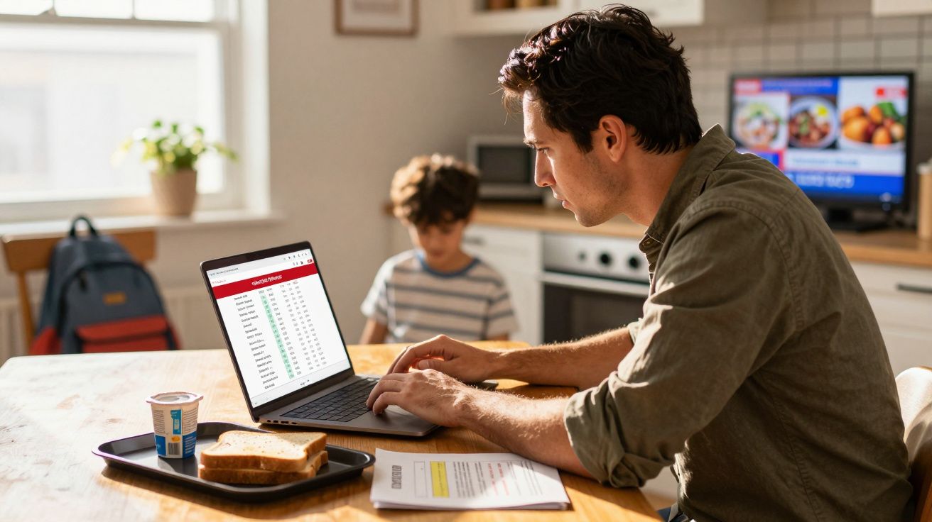 Homem a trabalhar num portátil na cozinha, com criança ao fundo e pequeno-almoço na mesa.