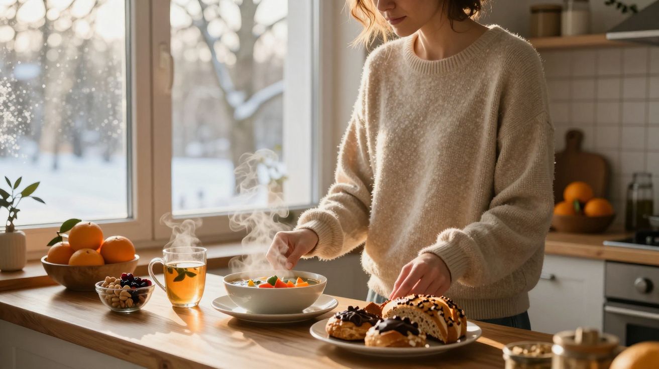 Mulher a preparar pequeno-almoço quente num ambiente acolhedor de cozinha com janela para paisagem nevada.