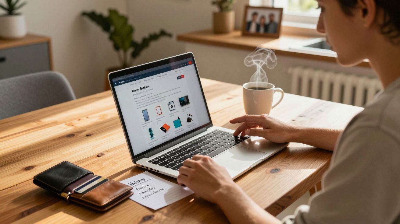 Pessoa a usar portátil numa mesa de madeira com café quente e carteira, pesquisando produtos eletrónicos online.