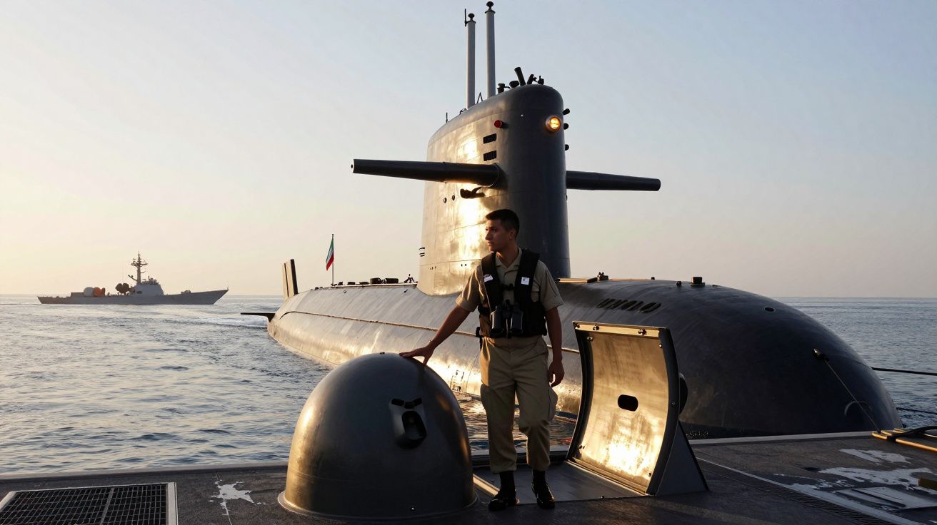 Homem em uniforme militar encostado em submarino na água ao pôr do sol com navio ao fundo.