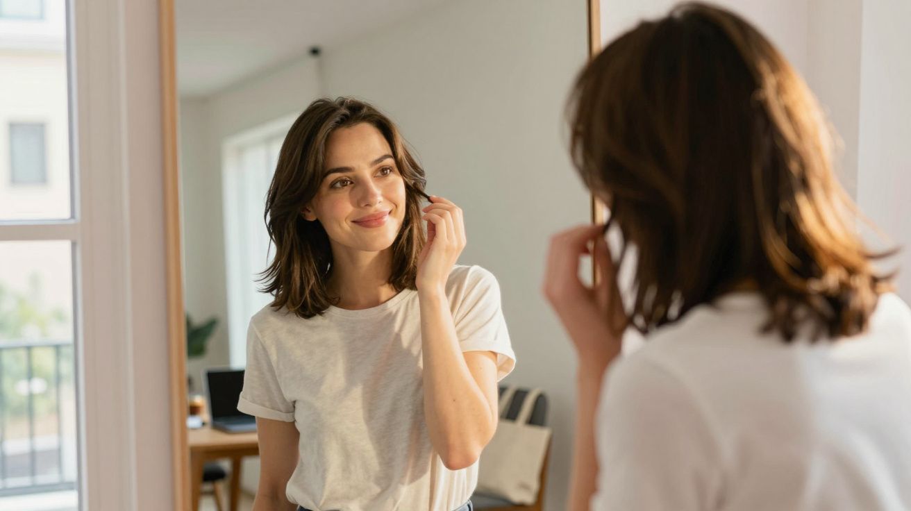 Mulher jovem e sorridente a olhar para o reflexo num espelho interior, tocando o cabelo com a mão direita.