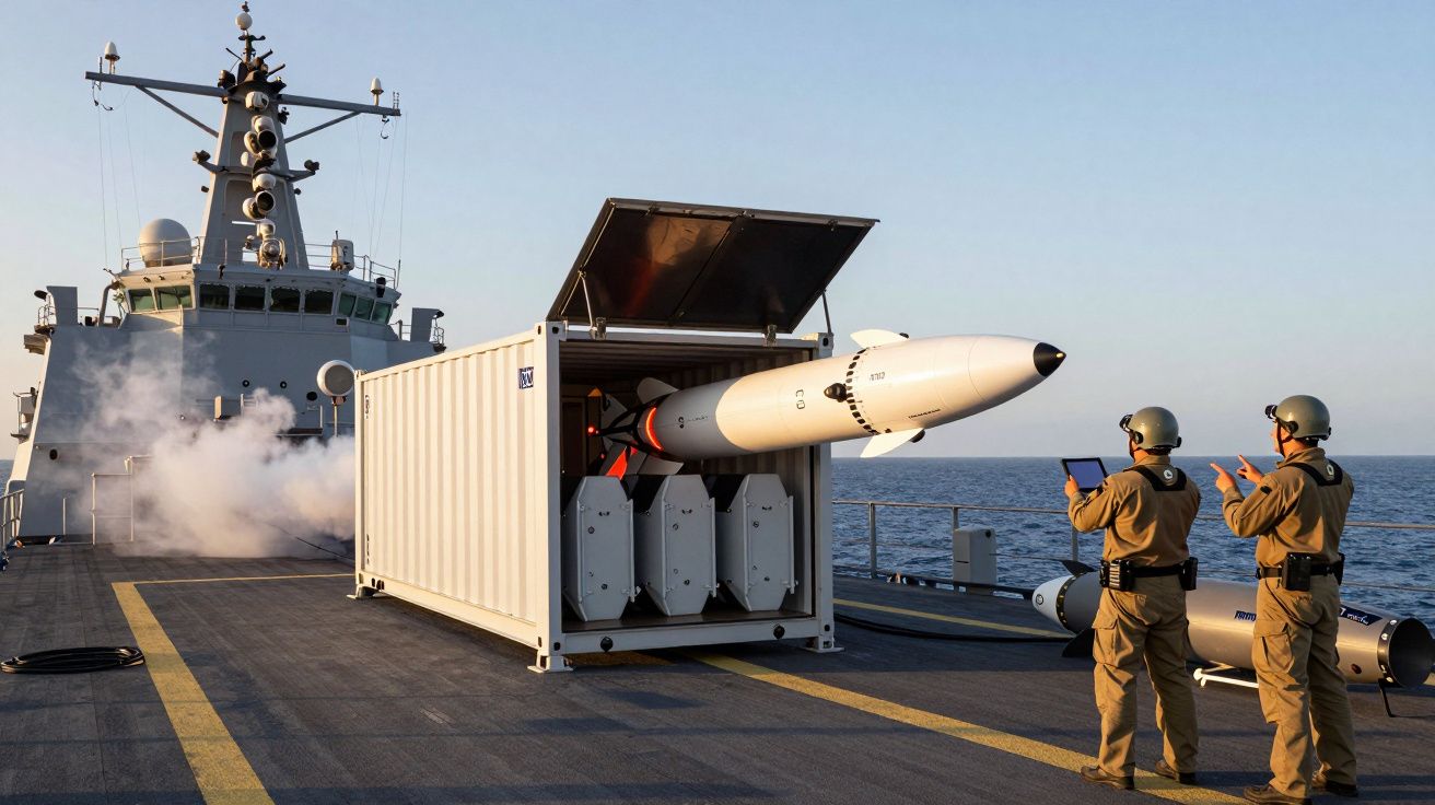 Soldados operam lançamento de míssil a partir de container numa embarcação naval no mar durante o dia.