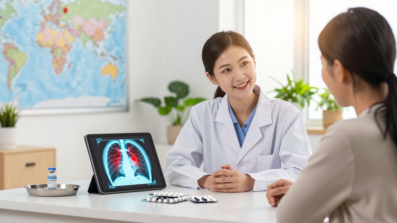 Médica fala com paciente, com imagem digital dos pulmões e medicamentos numa mesa de consultório.