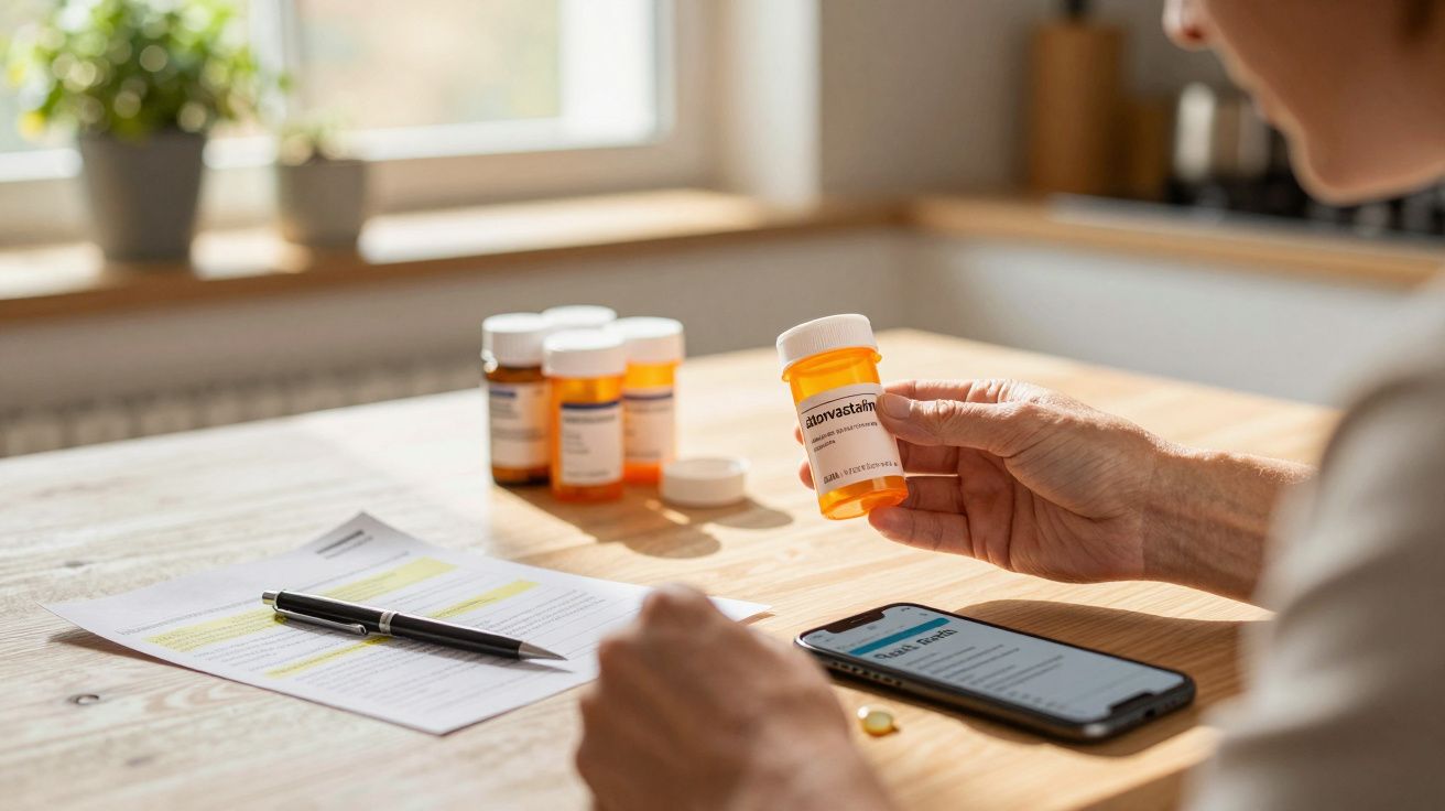 Pessoa segurando frasco de medicamento em cima de mesa com mais frascos, papel e telemóvel.