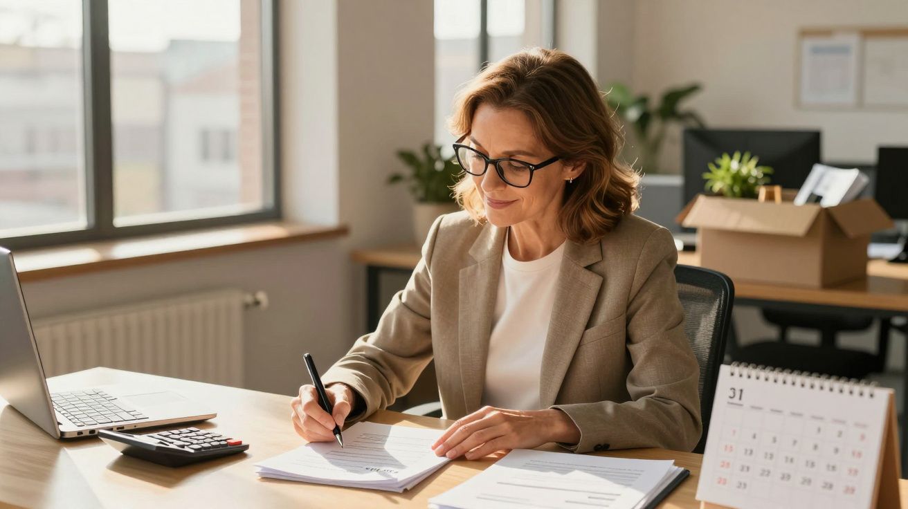 Mulher de óculos a trabalhar em secretária com documentos, laptop, calculadora e calendário num escritório iluminado.
