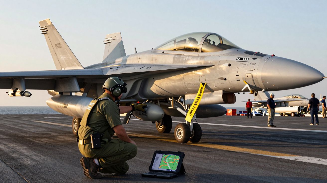 Militar com equipamento de comunicação junto a caça F/A-18 no convés de um porta-aviões ao pôr do sol.