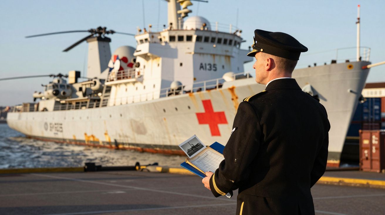 Militar observa navio hospital com cruz vermelha ancorado num porto ao entardecer.