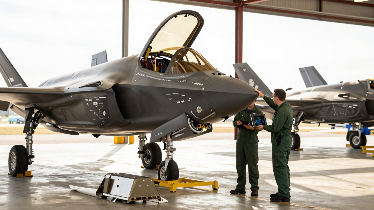 Dois técnicos em fato verde trabalham na manutenção de um avião militar F-35 numa hangar.