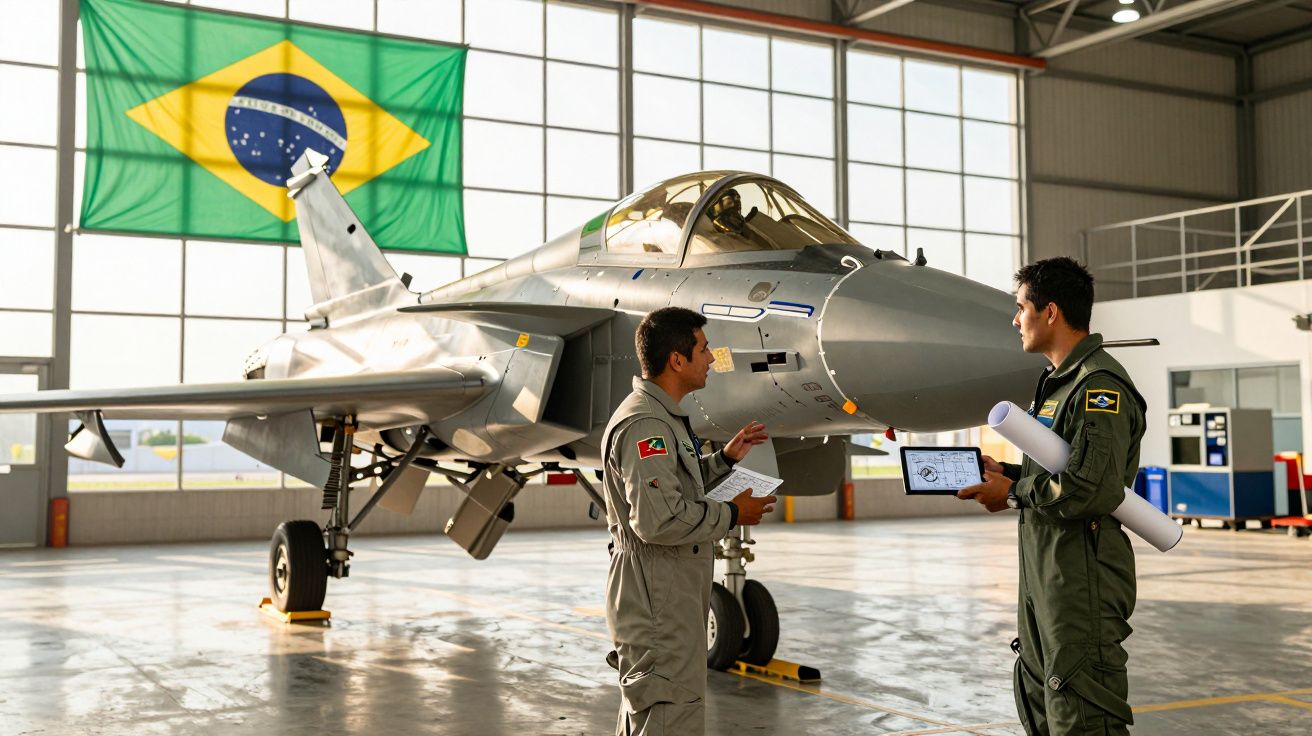 Dois militares em uniforme com padrões brasileiros em conversa junto a um avião de caça num hangar com bandeira do Brasil.