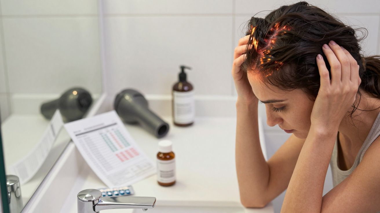 Mulher preocupada examina o couro cabeludo, com medicamentos e secador na bancada da casa de banho.