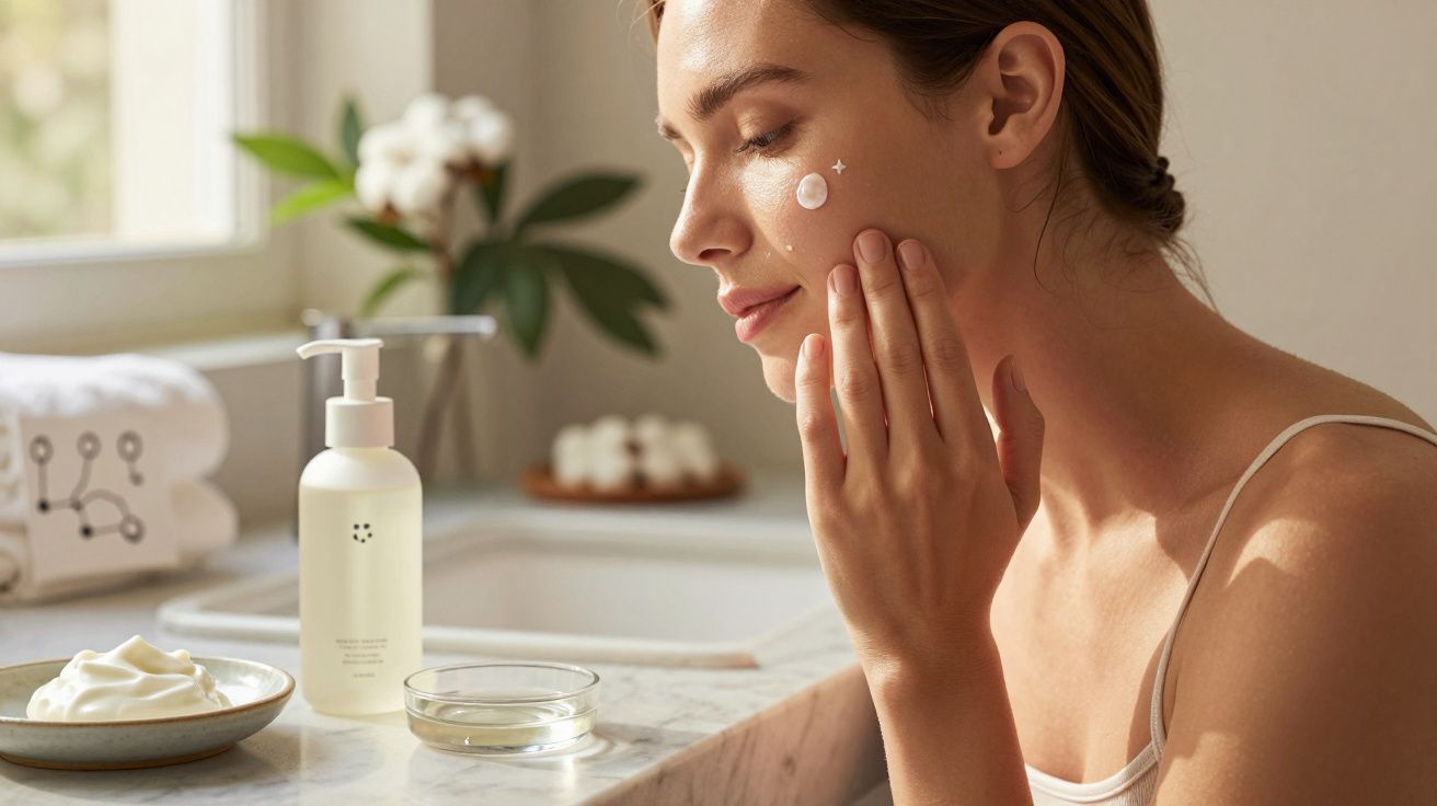 Mulher aplica creme hidratante no rosto num ambiente luminoso com produtos de cuidado da pele na mesa.