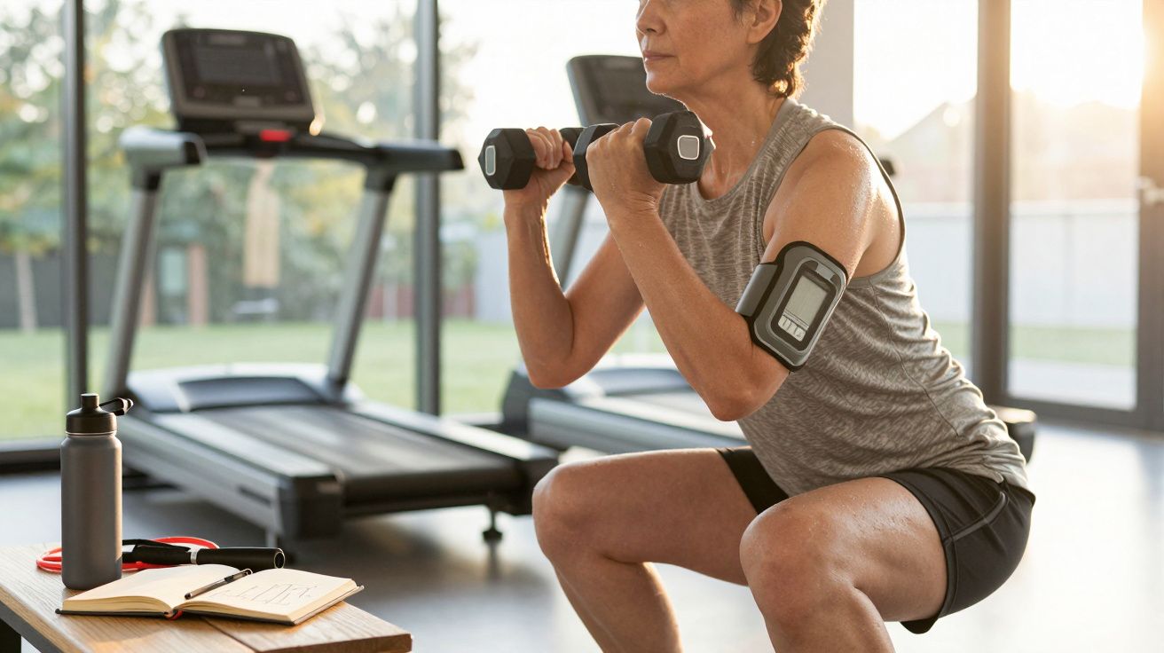 Mulher a fazer agachamento com halteres numa sala de ginásio junto a passadeiras.