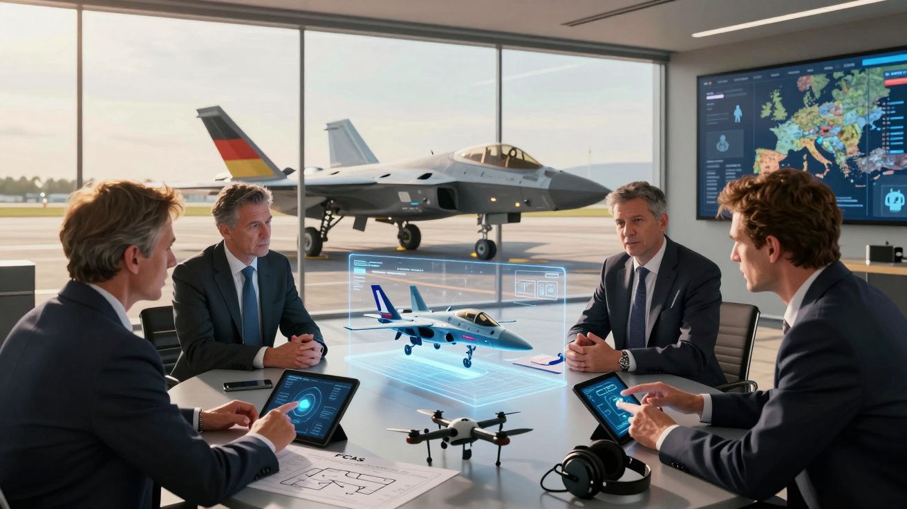 Quatro homens de negócios em reunião com modelo de drone e holograma de avião numa sala com jato de caça ao fundo.