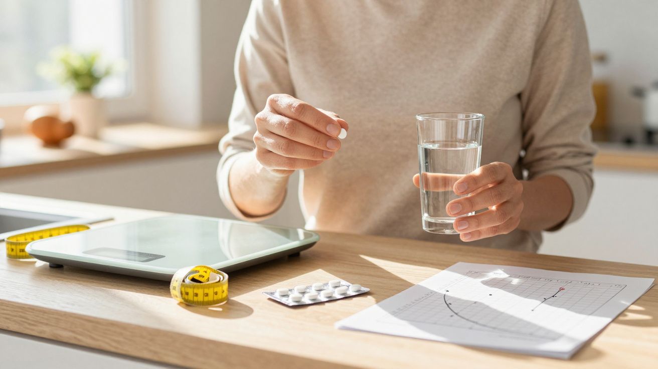 Pessoa a segurar um comprimido e um copo de água, com balança, fita métrica e gráficos numa mesa.