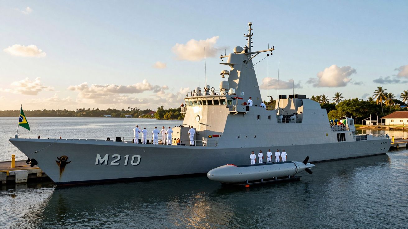 Porta-aviões militar cinzento M210 com tripulação vestida de branco atracado num porto ao pôr do sol.