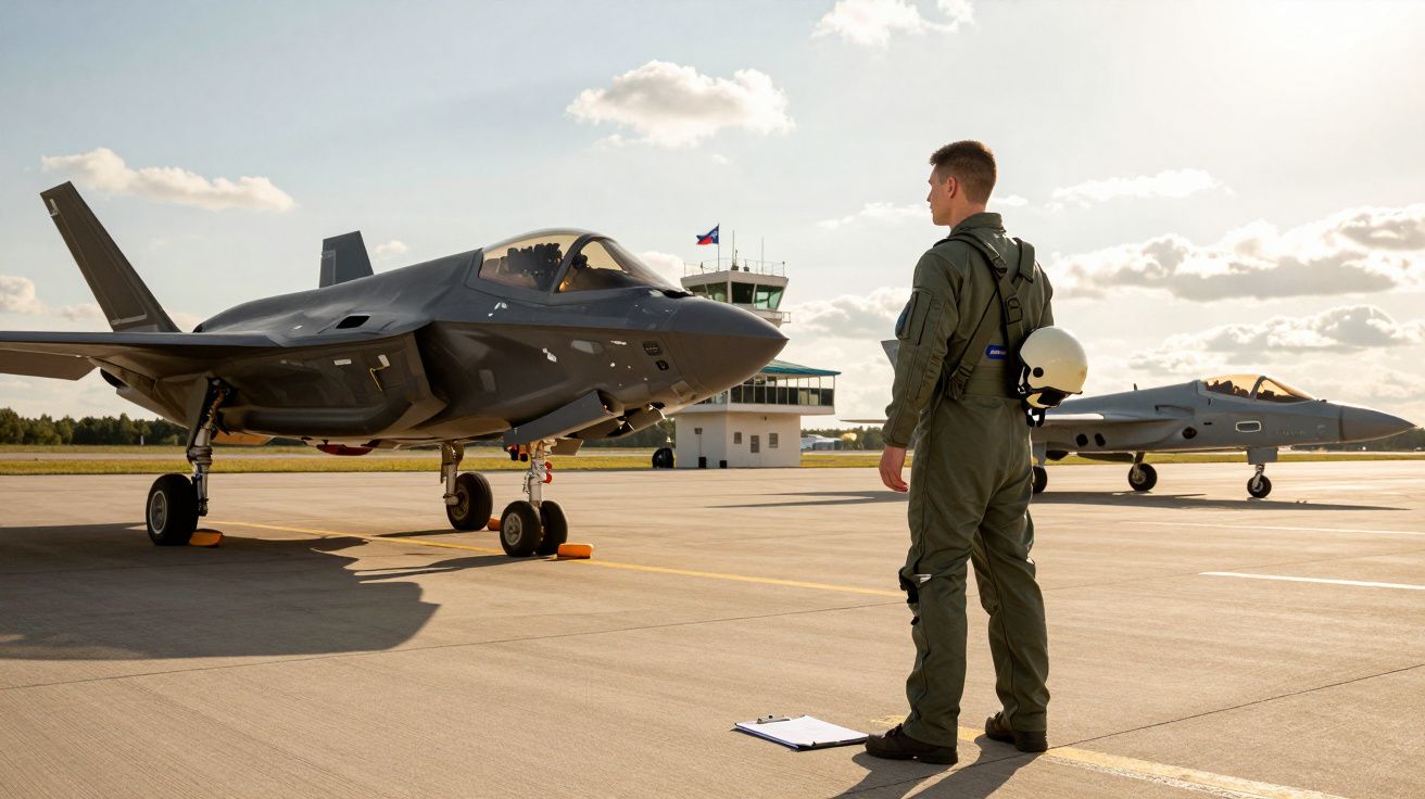 Piloto em fato verde observa dois aviões militares num pátio de aeroporto com torre de controlo ao fundo.