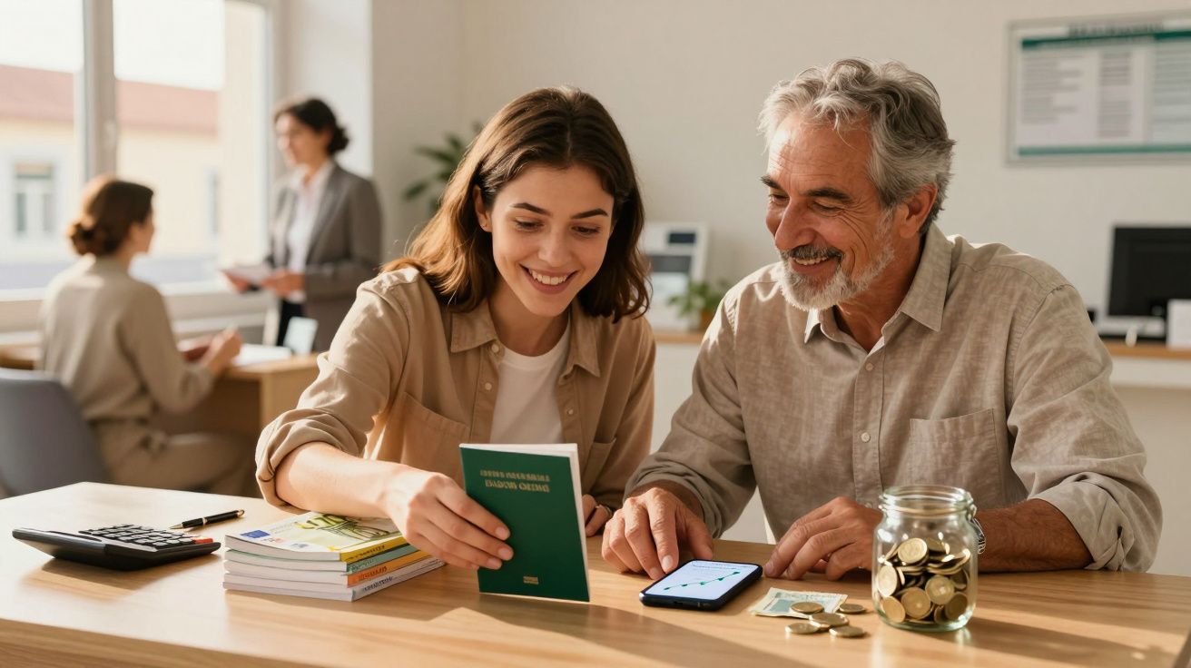 Jovem e idoso consultam documento enquanto planeiam finanças com moedas e notas numa mesa de escritório.