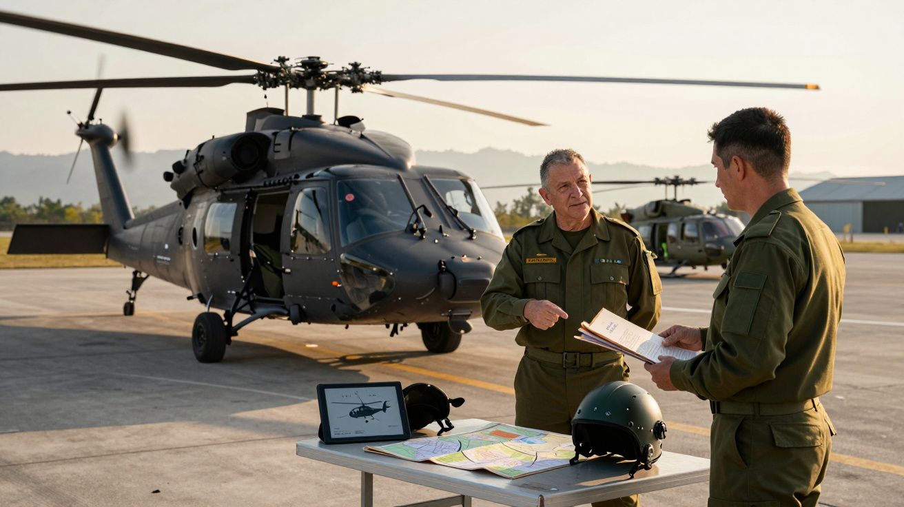 Dois militares em uniforme verde discutem planos junto a helicópteros pretos numa base aérea ao ar livre.