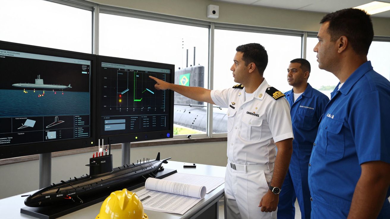 Três militares analisam dados digitais e modelo de submarino numa sala com janela onde se vê um submarino real.