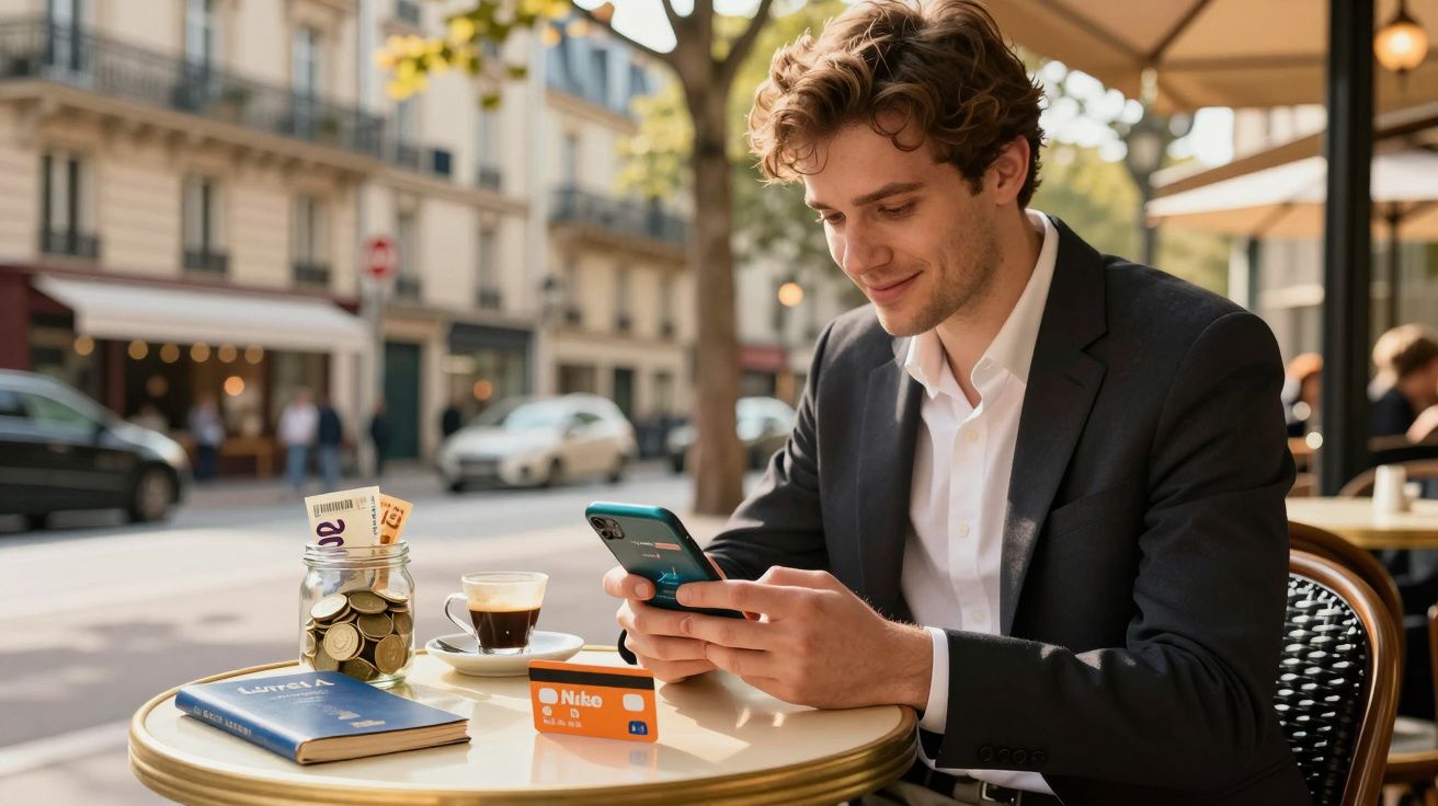 Homem sorridente numa esplanada a usar telemóvel, com cartão bancário, café, livro e frasco de moedas na mesa.