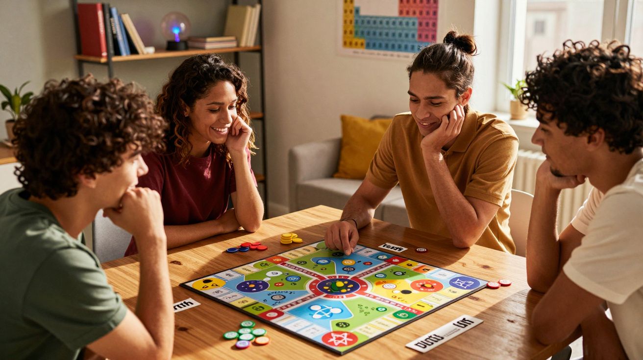 Quatro jovens sentados à mesa a jogar um jogo de tabuleiro colorido numa sala iluminada.