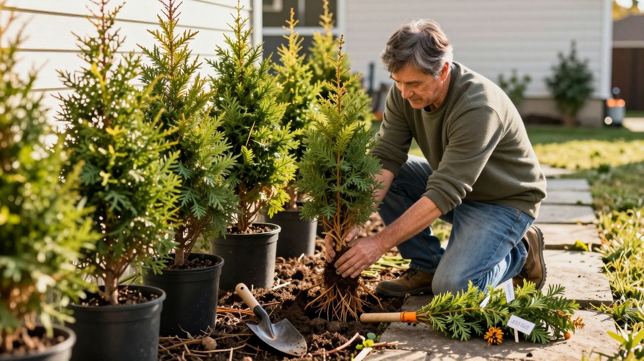 Homem adulto a plantar pequenas árvores coníferas num jardim junto a uma casa.