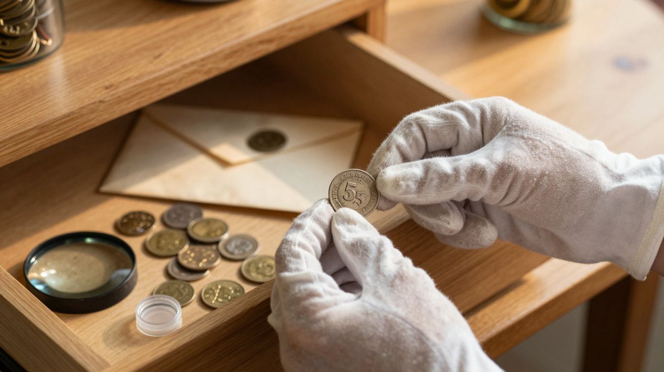 Mãos com luvas brancas a segurar uma moeda antiga, com várias moedas, lupa e envelope numa gaveta de madeira.