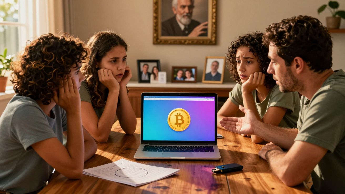 Jovens preocupados em volta de mesa a discutir sobre Bitcoin no ecrã de um portátil.