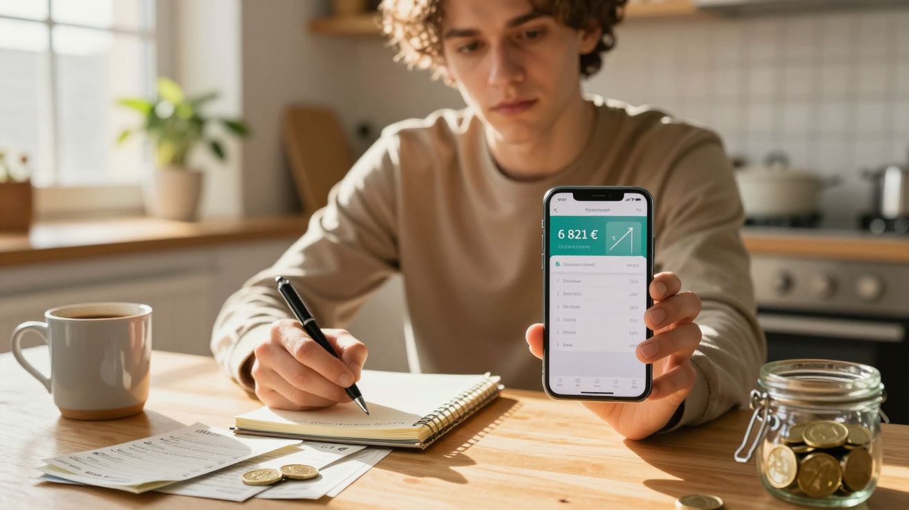 Jovem sentado à mesa a anotar despesas e mostrar no telemóvel saldo de 6 821 euros numa aplicação financeira.