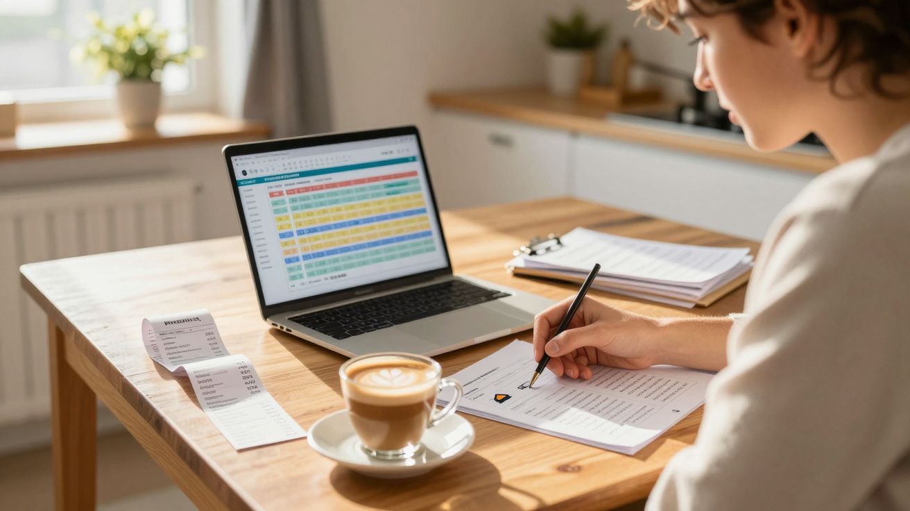 Mulher a trabalhar em mesa com computador, documentos, recibo e café num ambiente iluminado e organizado.