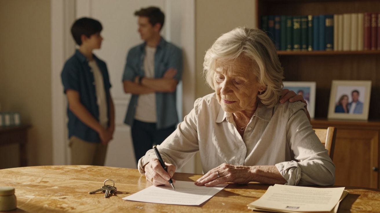 Senhora idosa a escrever numa mesa de madeira, com duas pessoas jovens ao fundo e chaves à frente.