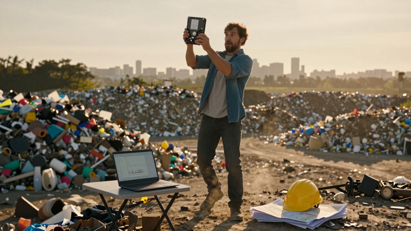 Homem observa aparelho em aterro sanitário com montes de lixo, laptop e capacete ao lado.