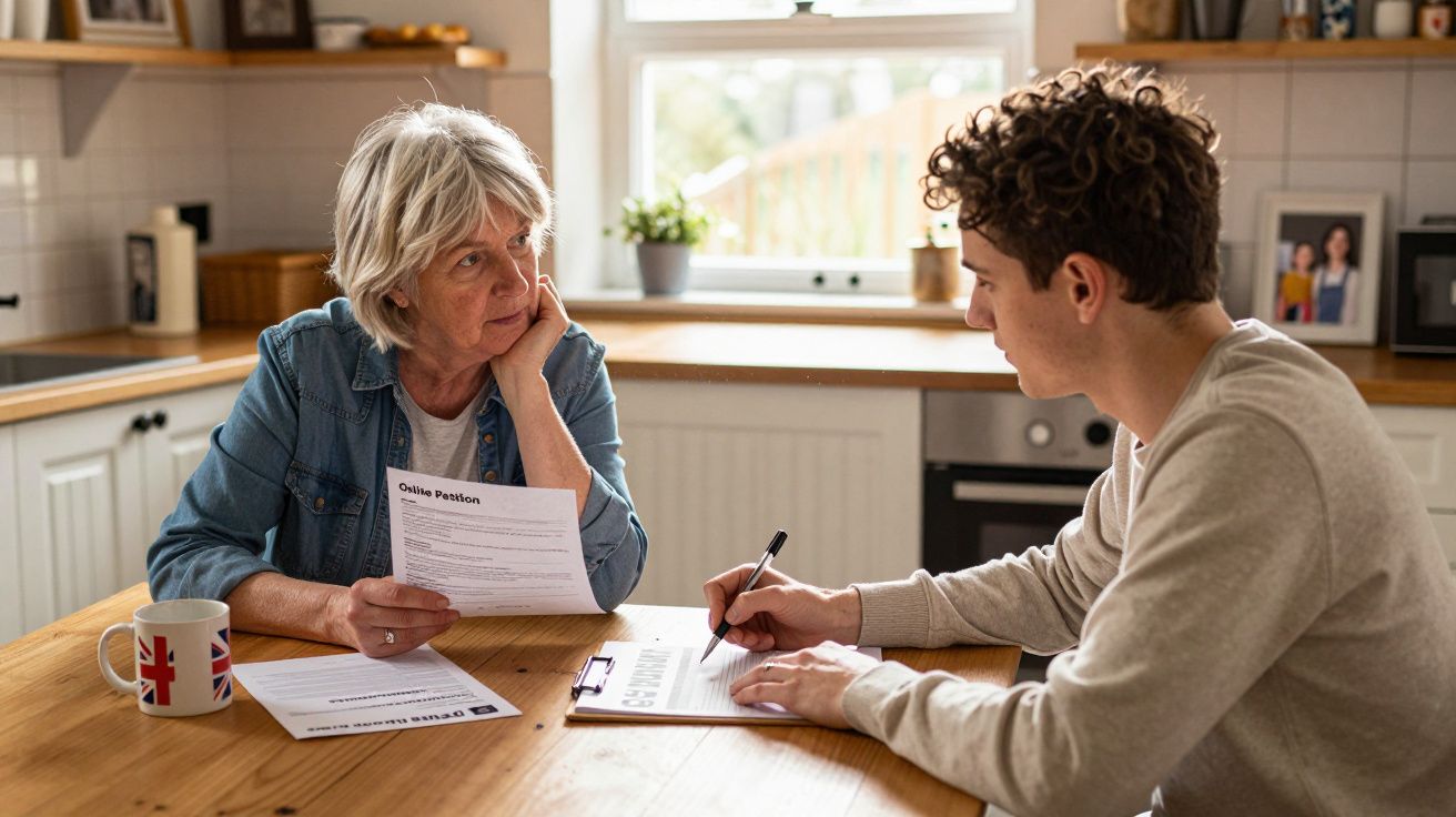 Senhora e jovem sentados à mesa na cozinha a discutir documentos e preencher formulário.