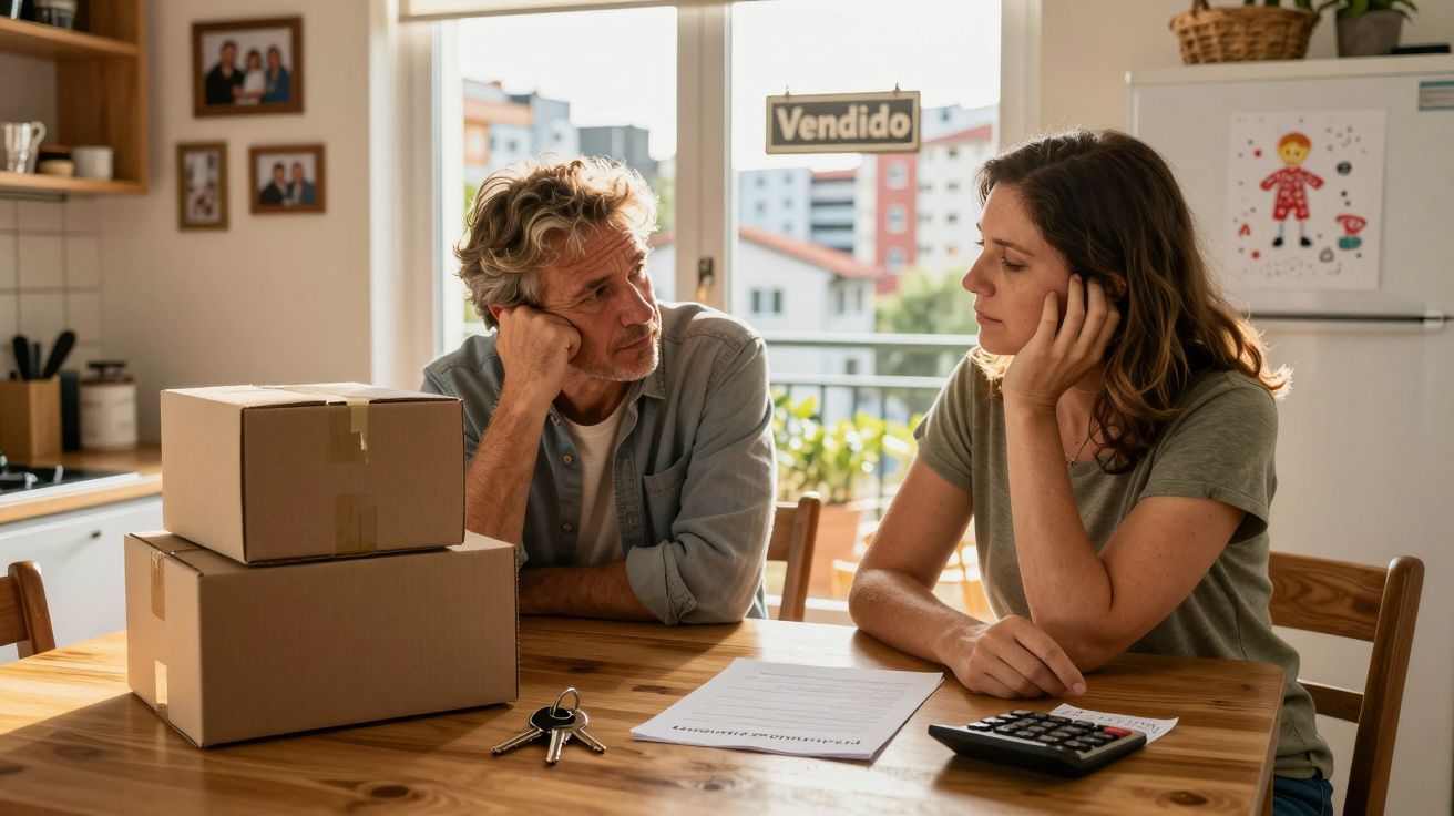Casal preocupado sentado à mesa com caixas, chaves, documentos e calculadora numa cozinha iluminada.