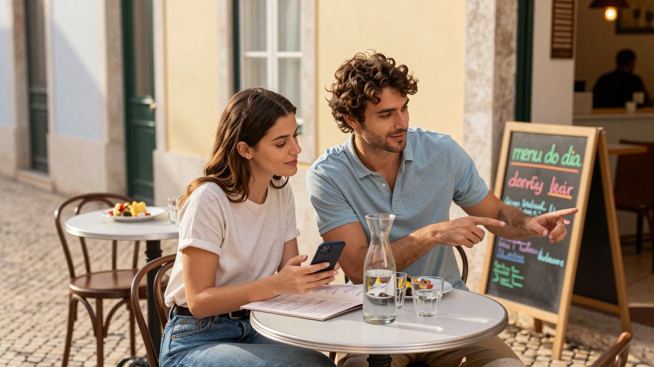 Casal jovem sentado numa esplanada, homem aponta para o menu do dia enquanto mulher segura telemóvel.