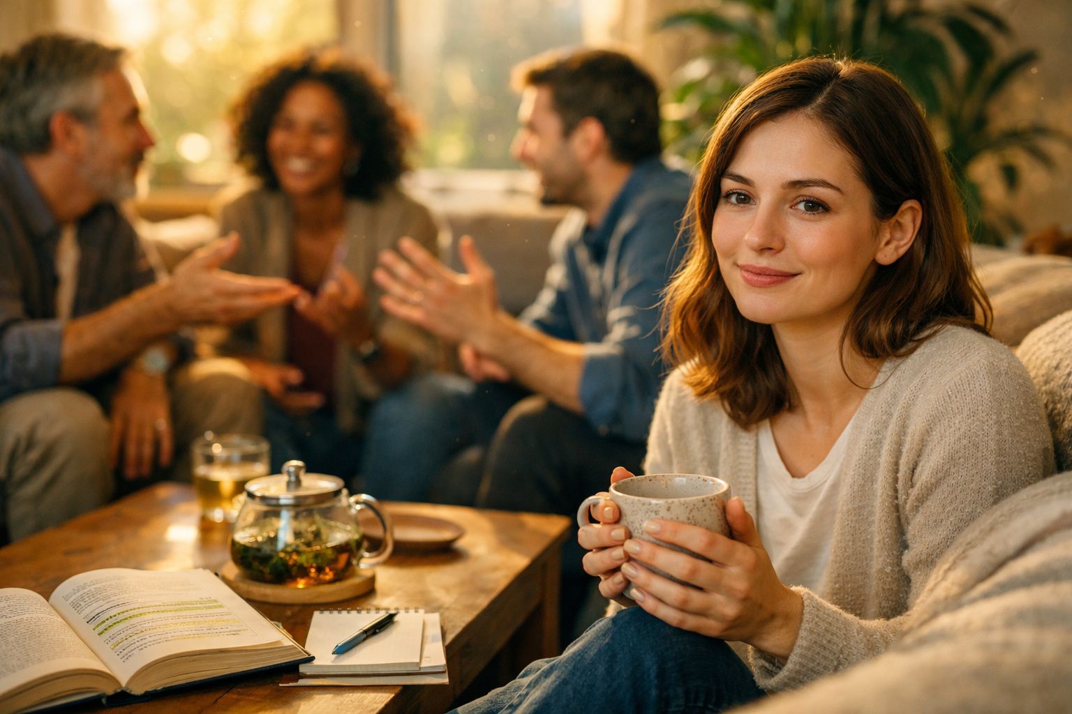 Jovem mulher a sorrir segurando chá, enquanto grupo conversa animadamente ao fundo numa sala acolhedora.