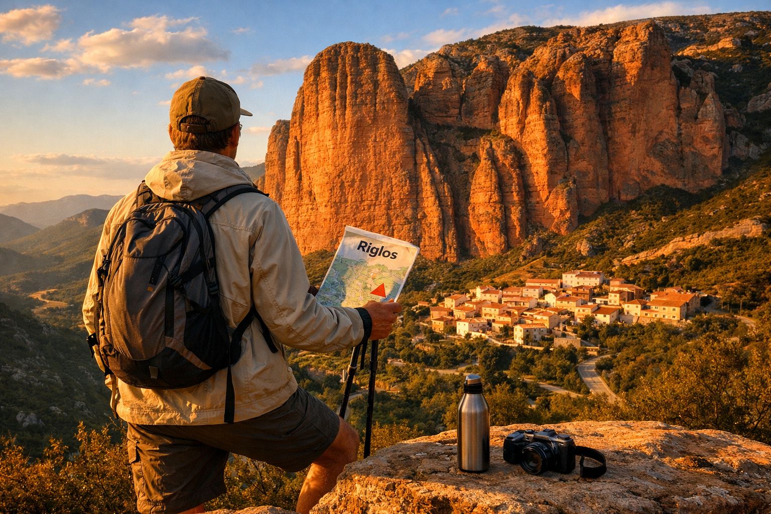 Homem com mochila observa um mapa na montanha com falésias e vila ao pôr do sol.