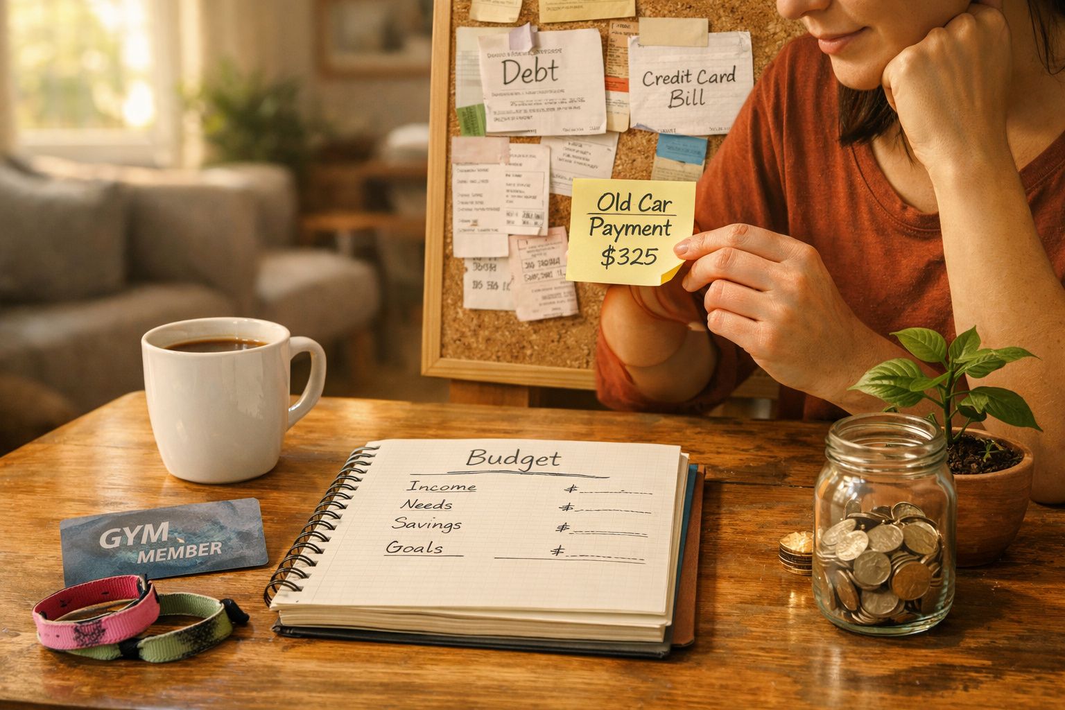 Pessoa a organizar despesas com notas adesivas e caderno de orçamento numa mesa com chá e moedas.