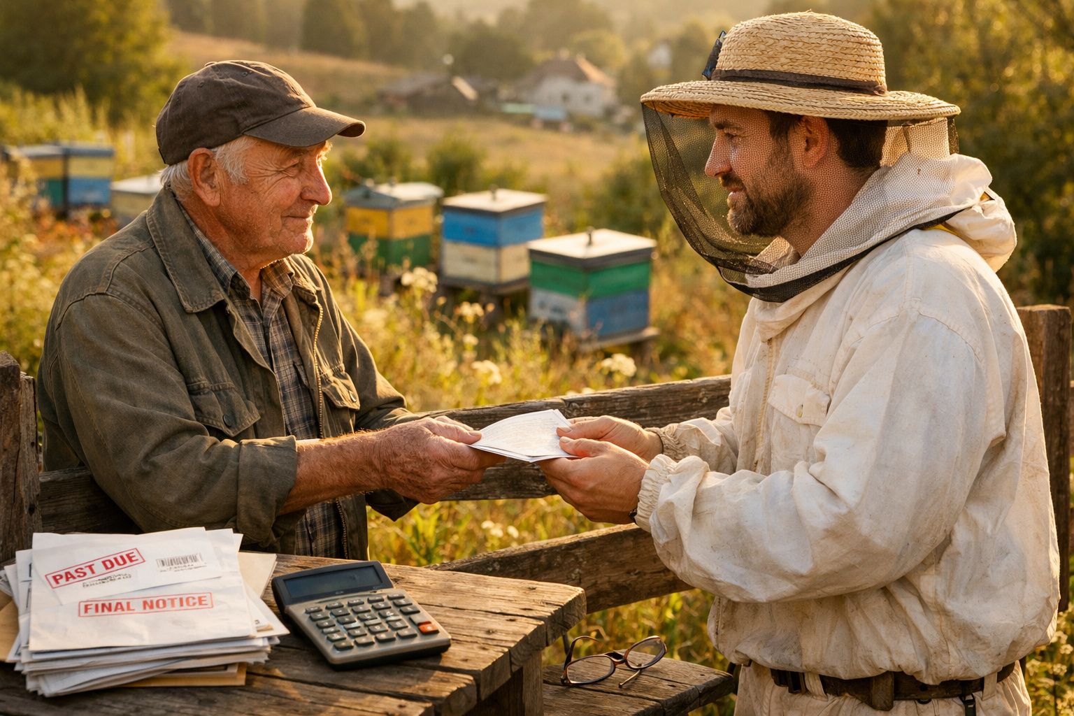 Apicultor com roupa de proteção entrega documento a idoso numa colmeia ao ar livre.