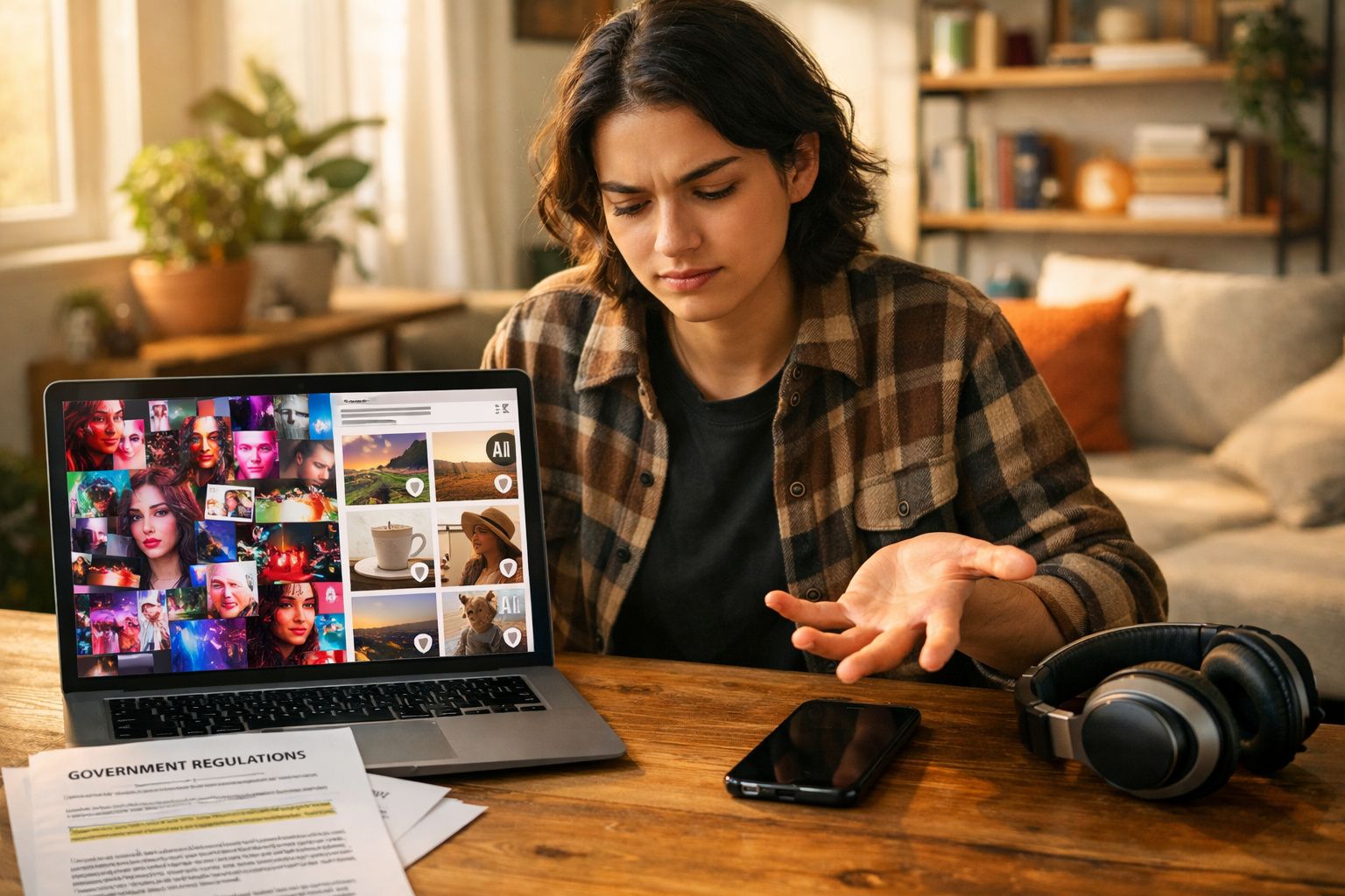 Pessoa com expressão de confusão a mostrar o ecrã do portátil com várias imagens numa mesa com auscultadores e telemóvel.