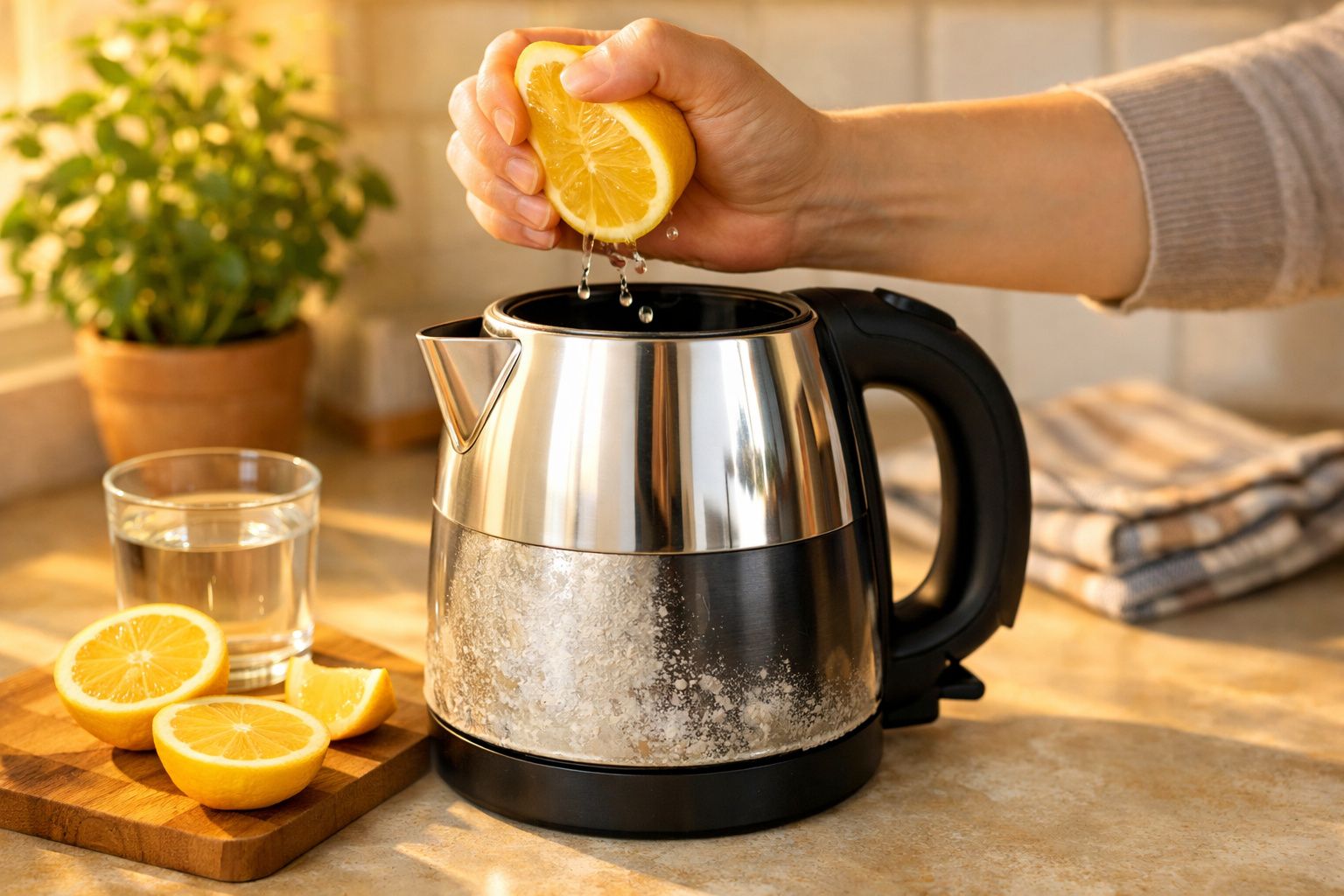 Pessoa espremendo limão sobre jarro elétrico ao lado de limões cortados e copo de água na cozinha.