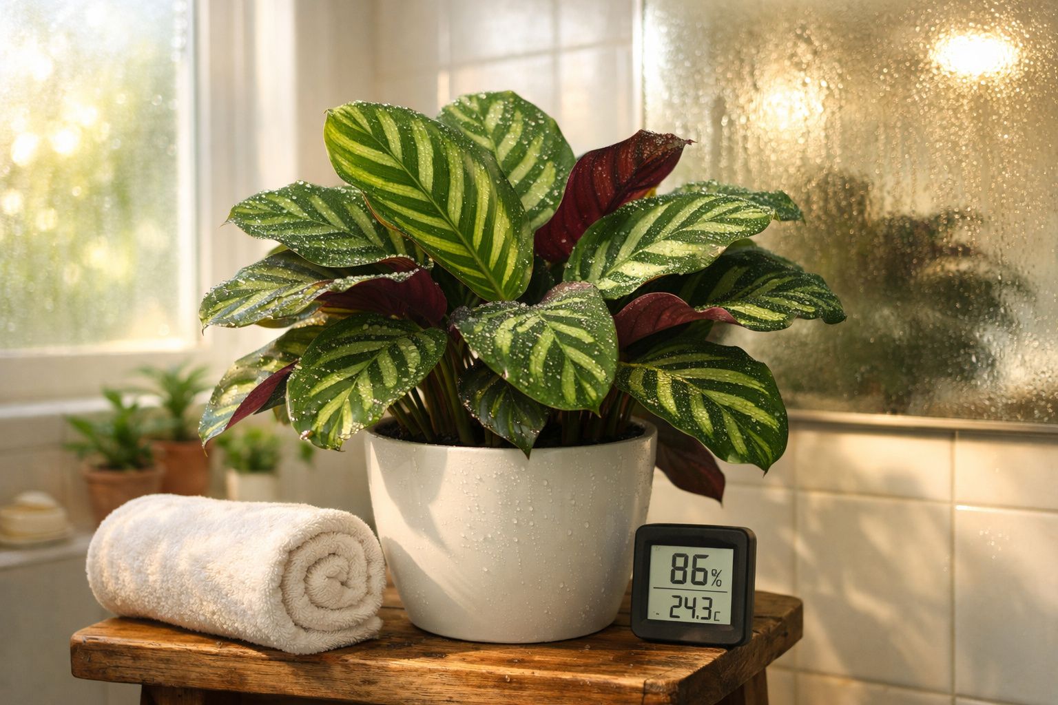 Planta verde em vaso branco numa mesa com toalha enrolada e um higrómetro digital a 86% de humidade.