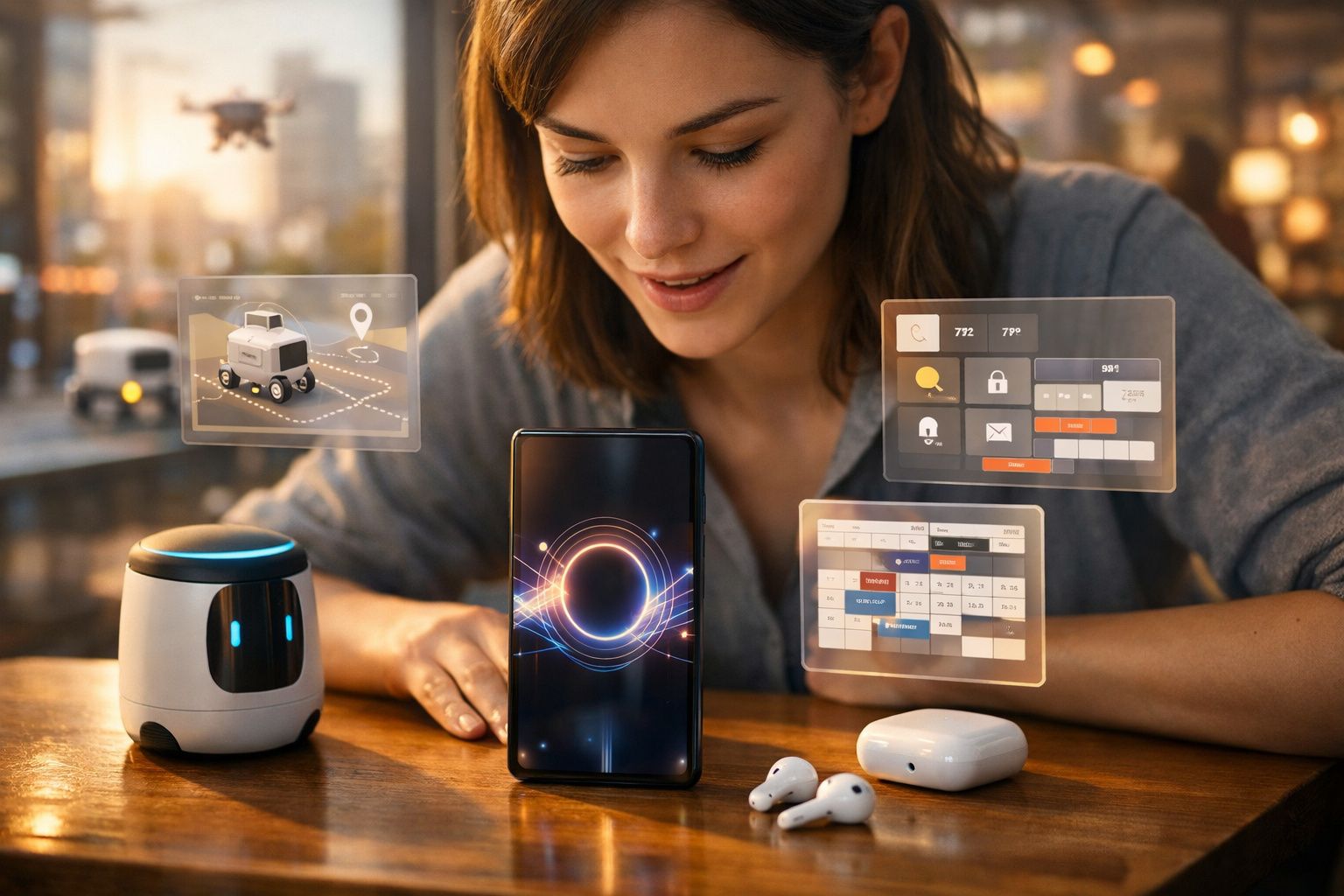Mulher interage com assistente virtual, smartphone e ícones digitais projetados em ambiente urbano moderno.