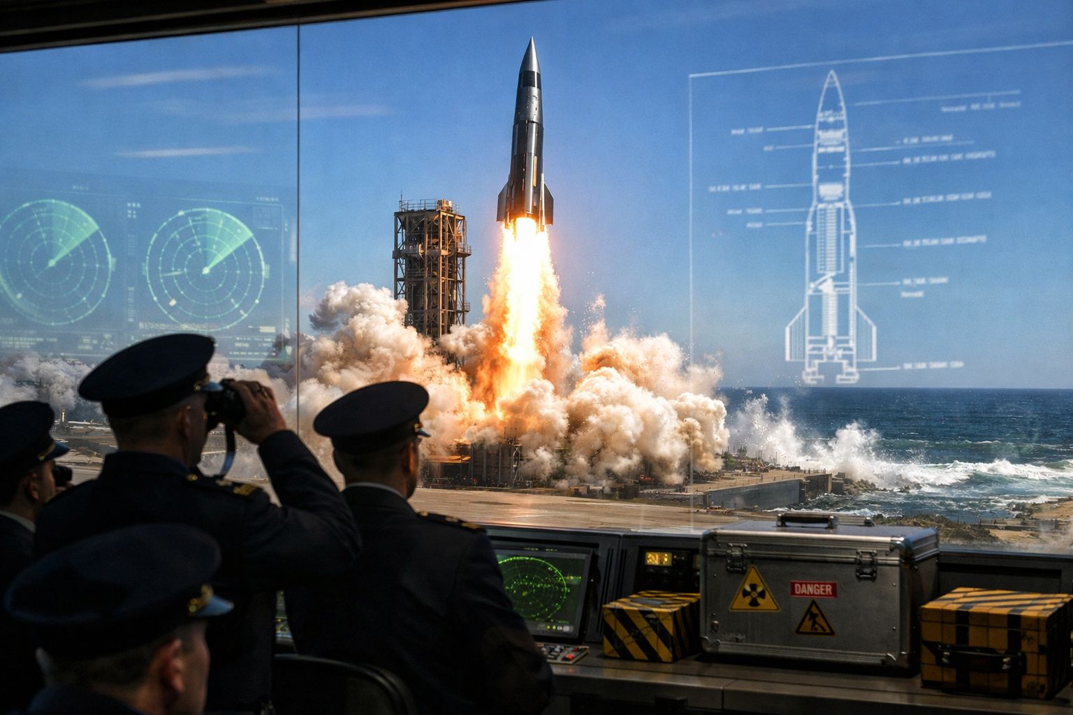 Militares observam lançamento de um míssil com rastros de fogo e fumo junto ao mar, em centro de controlo.