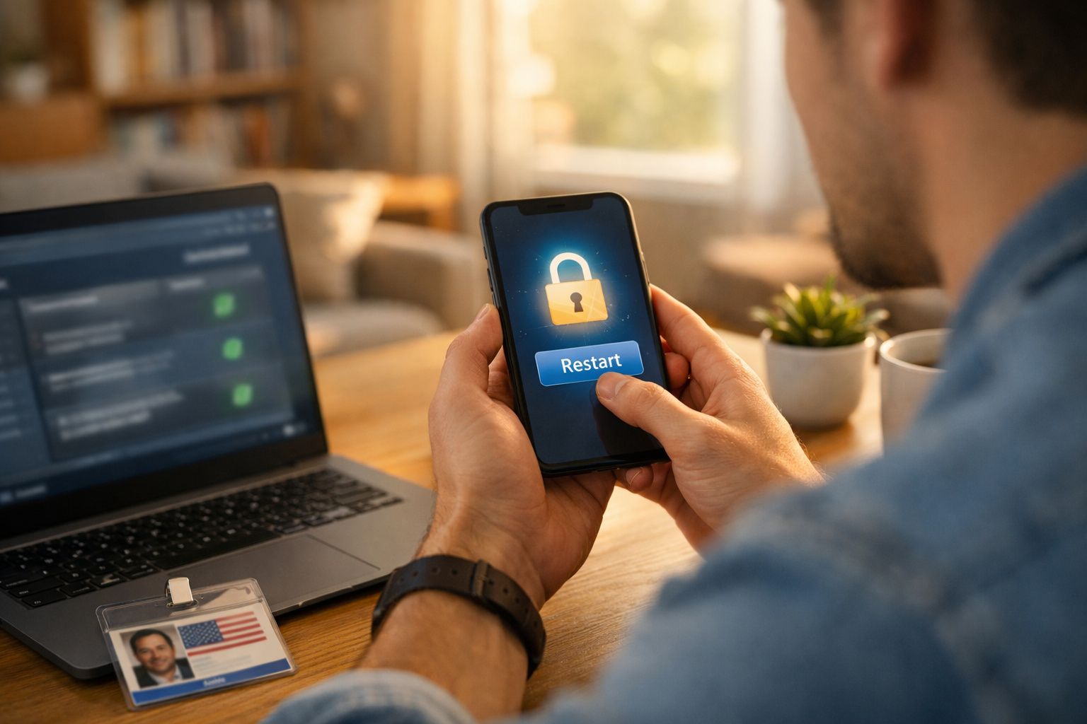 Pessoa a interagir com telemóvel mostrando ícone de cadeado e botão "Restart" numa mesa com portátil e crachá.