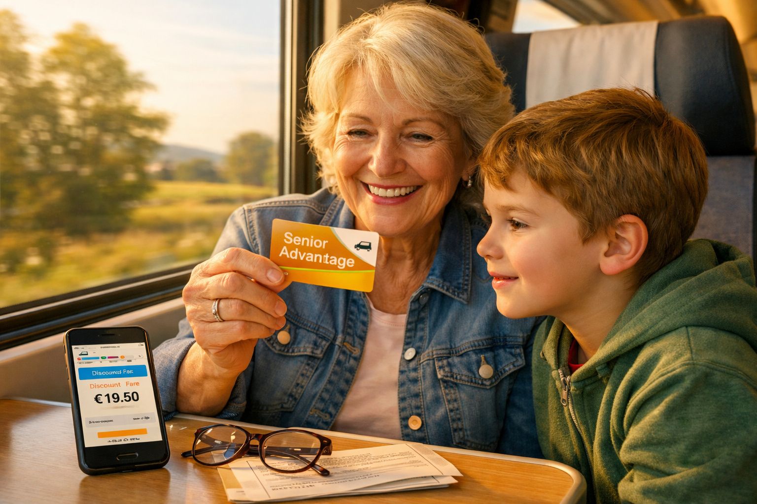 Mulher sénior e menino sorrindo num comboio, ela mostra cartão Senior Advantage e há telemóvel com preço descontado.