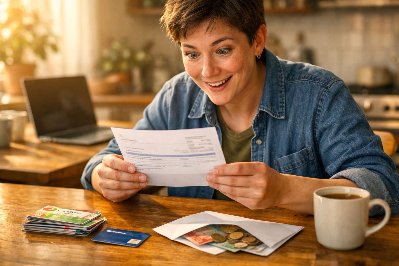 Pessoa alegre a ler uma fatura enquanto está sentada numa mesa com cartões, dinheiro e uma chávena de chá.