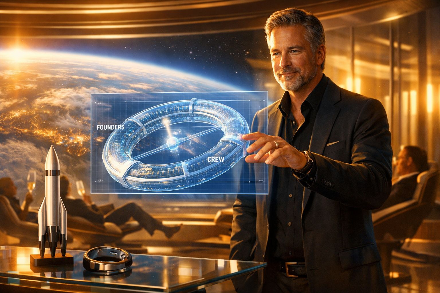 Homem apresenta modelo holográfico de estação espacial anelar com Terra ao fundo e foguete em mesa.